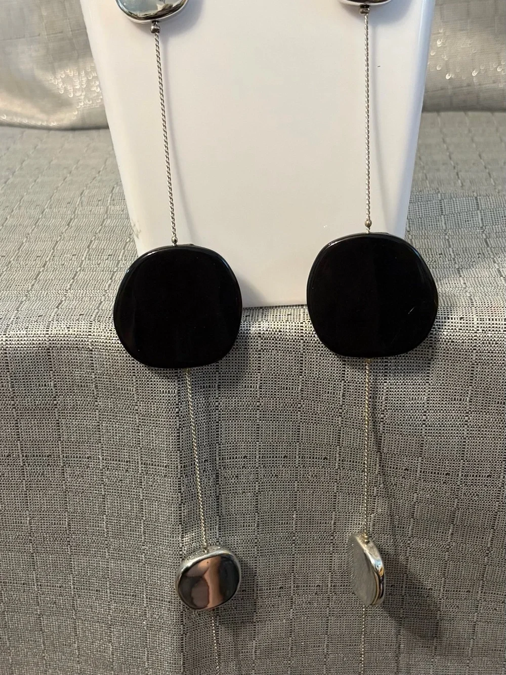 Black and Silver Long Disc Station Necklace